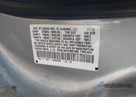 2007 Honda Odyssey Ex-L z USA, uszkodzony, nr VIN 5FNRL38727B021686